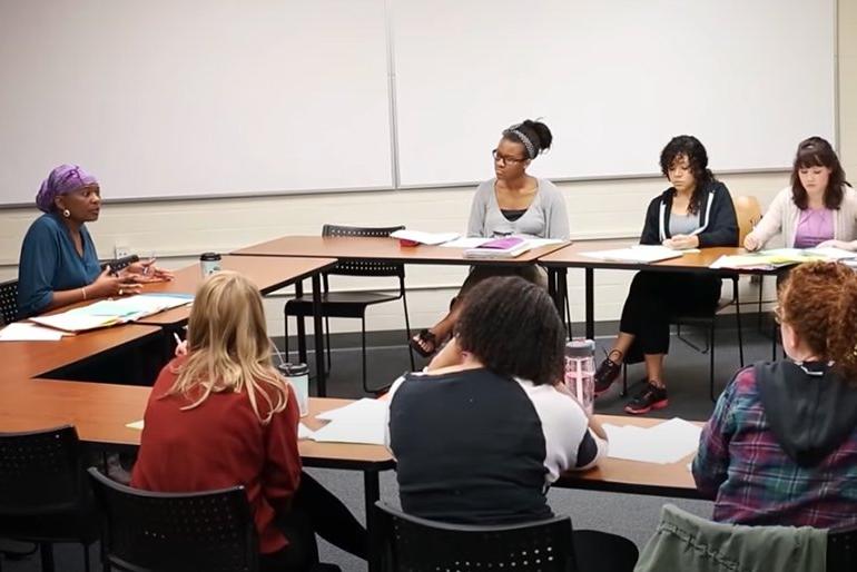 professor alicia bonaparte teaches a sociology class